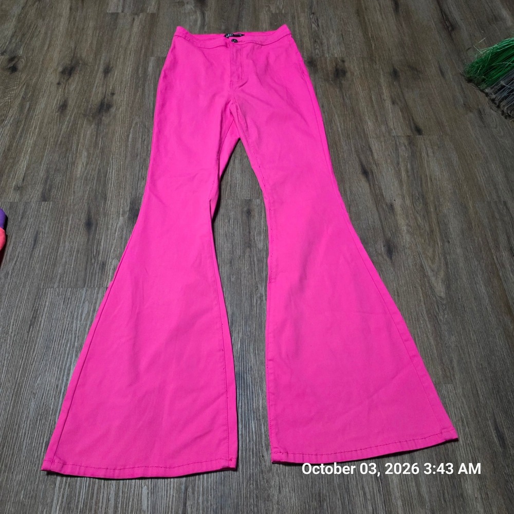 JC & JQ Jeans Hot Pink Bell Bottom Flare Pants Neon Retro High Waist Large